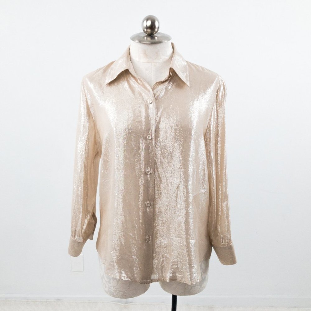 Vintage Sparkly Silk Champagne Long Sleeved Blouse - Picture 9 of 13